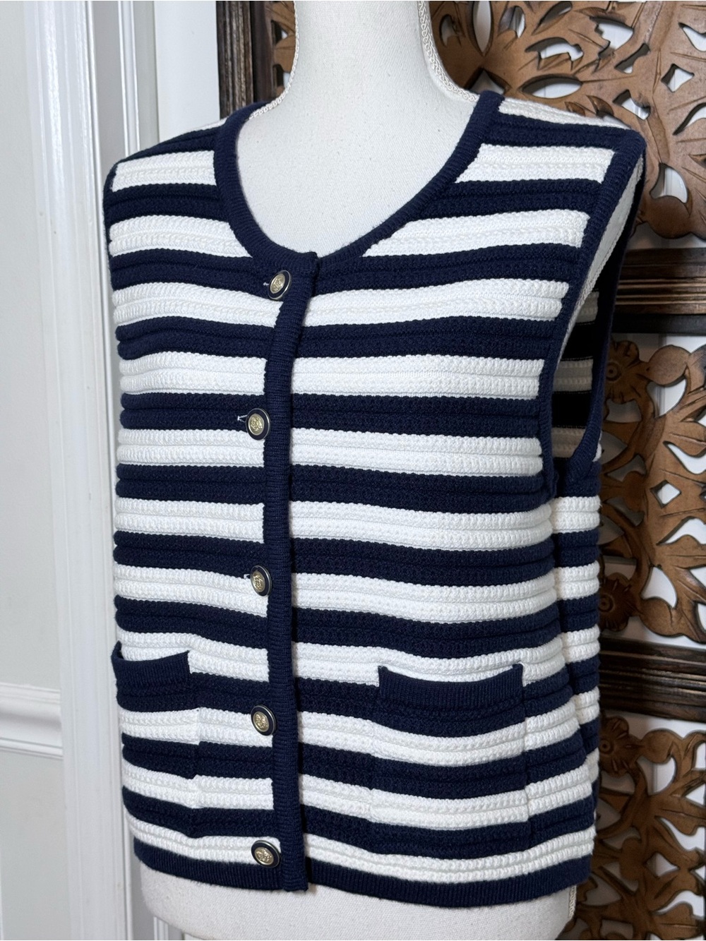 Joie Striped Knit Sweater Vest Navy White Button Front Nautical Preppy Size L